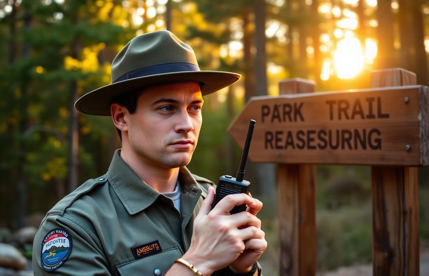 Park ranger on radio at golden hour